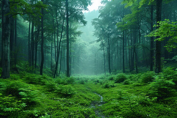 Obraz premium a dense green forest, illuminated by a soft light, perhaps morning. 