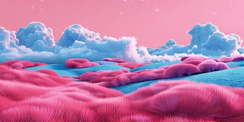 Gardinen Pink and Blue Fuzzy Landscape: A bright pink landscape with soft blue hills and fluffy clouds, creating a whimsical and inviting scene © Lila Patel