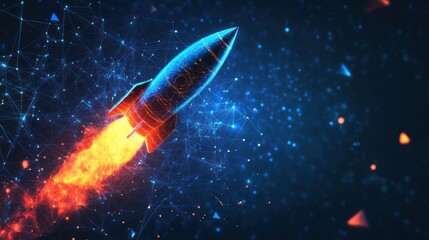 Fototapeta premium A rocket is flying through space with a blue background