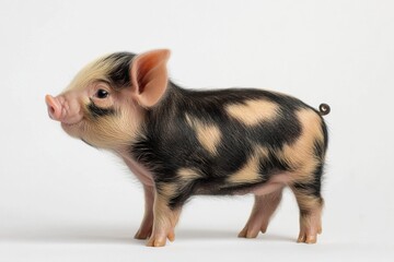 Fototapeta premium the beside view Berkshire Piglet standing, left side view, low angle, white copy space on right, Isolated on White Background