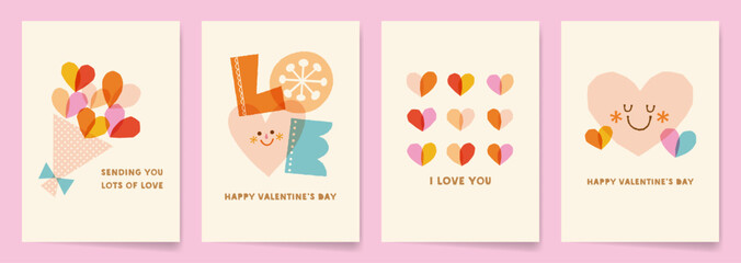 Fototapeta premium Valentine's Day greeting card set. Cute and whimsical designs using paper cutout heart shapes and hand-drawn illustrations.