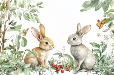 Obraz premium Watercolor rabbits hares animals plants leaves berries woodland nature scene cute baby creatures