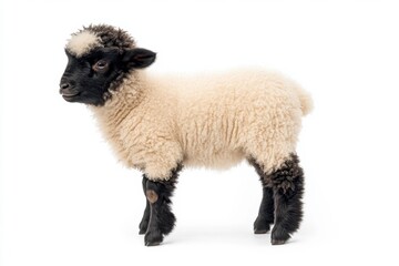 Obraz premium the beside view baby Suffolk Sheep standing, left side view, low angle, white copy space on right, Isolated on White Background