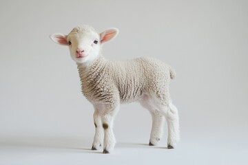 Fototapeta premium the beside view baby Merino Sheep standing, left side view, low angle, white copy space on right, Isolated on White Background