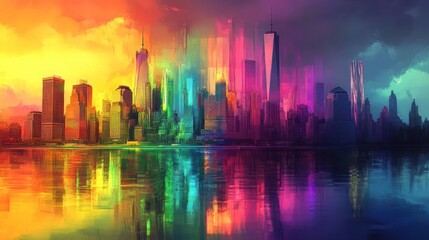 Obraz premium A vibrant city skyline is reflected in the water