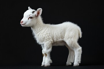 Obraz premium the beside view baby Alpine goat standing, left side view, low angle, white copy space on right, Isolated on black Background