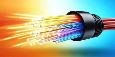 A vibrant bundle of fiber optic cables emits colorful light, symbolizing high-speed data transmission and modern technology.