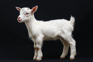 Obraz premium the beside view baby Saanen goat standing, left side view, low angle, white copy space on right, Isolated on black Background