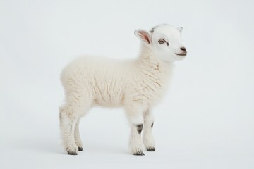 the beside view baby Alpine goat standing, left side view, low angle, white copy space on right, Isolated on White Background