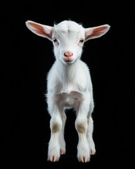 Fototapeta premium the baby Saanen goat front view, white copy space on right, Isolated on black Background