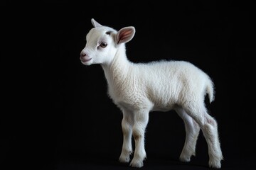 Obraz premium the beside view baby Alpine goat standing, left side view, low angle, white copy space on right, Isolated on black Background