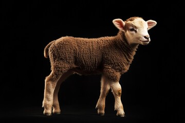 Fototapeta premium the beside view baby Suffolk Sheep standing, left side view, low angle, white copy space on right, Isolated on black Background