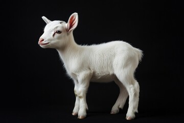 Obraz premium the beside view baby Saanen goat standing, left side view, low angle, white copy space on right, Isolated on black Background