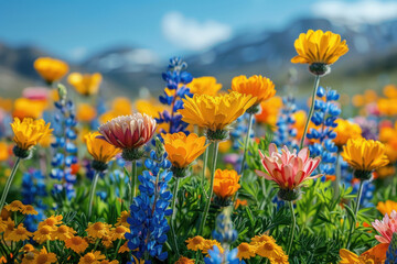 Obraz premium bright flower meadow full of various flowers. Among them, orange and yellow daisies, pink flowers, and blue lupins stand out. 