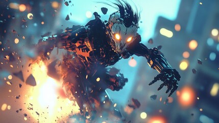 Obraz premium Futuristic Robot in Intense Battle Scene with Neon Elements and Dynamic Action