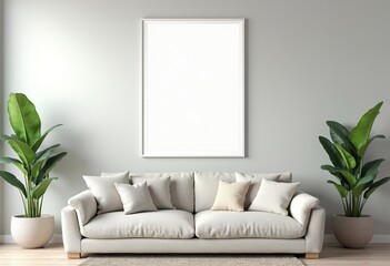 Naklejka premium Create Your Dream Minimalist Living Room: A Blank White Frame, Cozy Sofa, and Vibrant Potted Plants on a Soft Gray Wall
