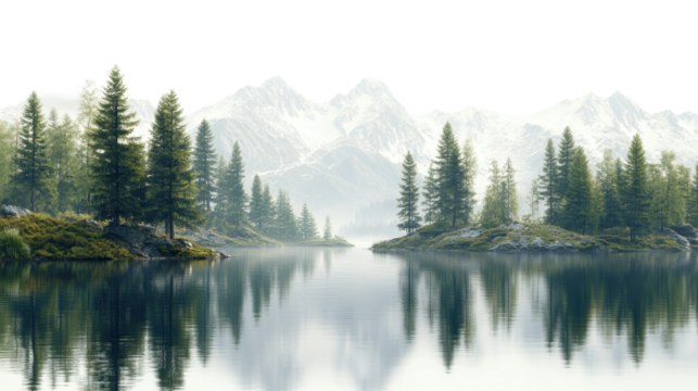 Tranquil alpine lake surrounded by pine trees in serene landscape