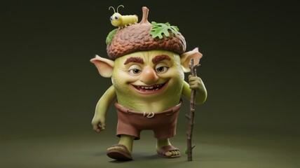 Fototapeta premium Cheerful goblin with an acorn hat and walking stick.