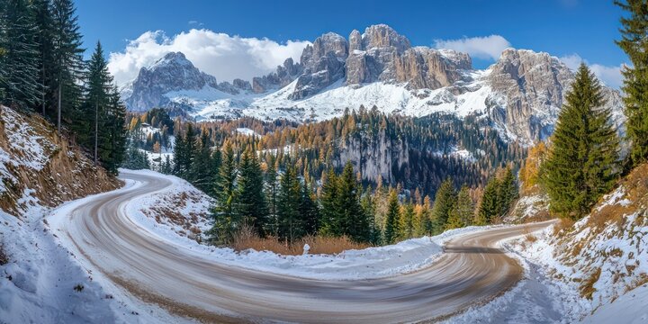 A winding mountain road with pine trees and snow-capped peaks in the background.