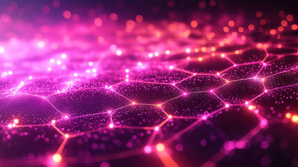 Obraz premium Hexagon points and lines forming a corrupted network in a glowing plexus for big data