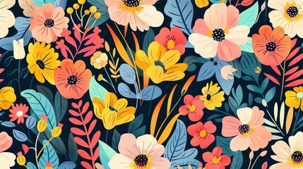 A colorful floral pattern with red, yellow, white, and blue flowers on a dark blue background.