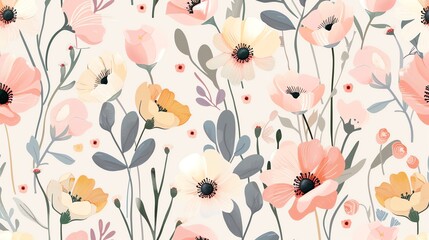 A floral pattern with peach, yellow, and grey flowers on a cream background.