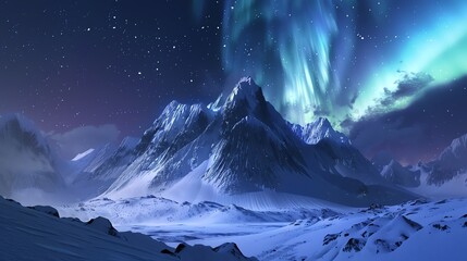 A scenic view of a snow-covered mountain range with the aurora borealis in the night sky.