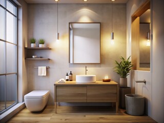 Fototapeta premium Minimalistic Bathroom Design Featuring a Blank Poster on the Wall, Exuding Tranquility and Clean Lines in a Contemporary Space with Soft Lighting and Neutral Tones