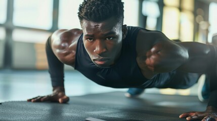 Man doing push-ups on a gym mat, highlighting core strength and fitness