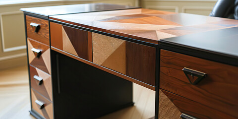 Modernist Desk with Geometric Storage: A functional desk from the 1920s, paired with sleek, geometric storage cabinets