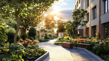Obraz premium Modern apartment complex with landscaped courtyard. Residential architecture, green living concept.