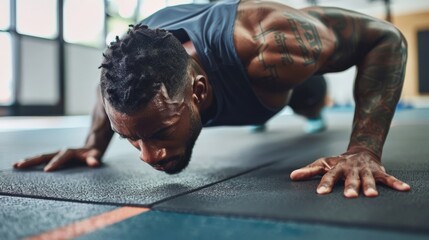 Man doing push-ups on a gym mat, highlighting core strength and fitness