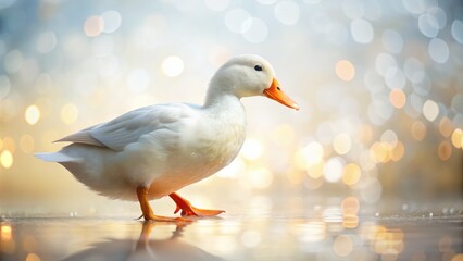 Fototapeta premium Tame White Duck Searching for Food in Bokeh Effect - Isolated on White Background, Captivating Side View with Soft Focus for Nature and Wildlife Photography Enthusiasts