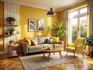 Fototapeta premium Three Dimensional Render of a Cozy Yellow Living Room Corner with Modern Furniture and Natural Light, Perfect for Interior Design Inspiration and Home Decor Ideas
