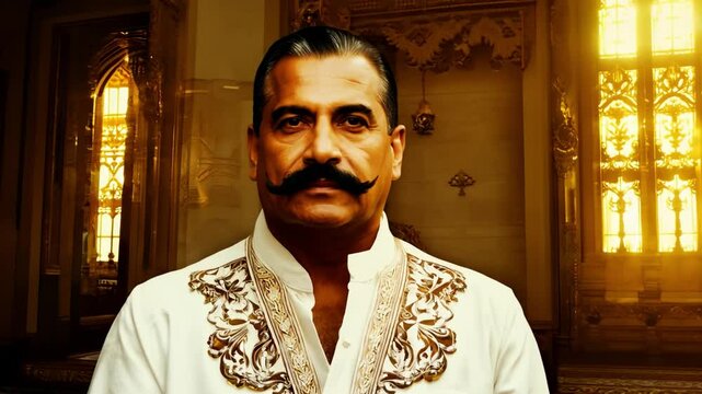 Drug lord confidently posing in an opulent palace setting