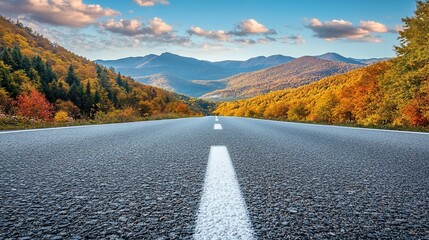 Asphalt road leading through autumnal mountain landscape.