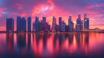 Fototapeta premium A vibrant city skyline reflected in water during sunset, showcasing modern architecture.