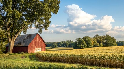 Obraz premium Red Barn in a Golden Field