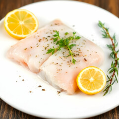 Fresh fish, raw cod fillets with addition of herbs and lemon isolated on the white