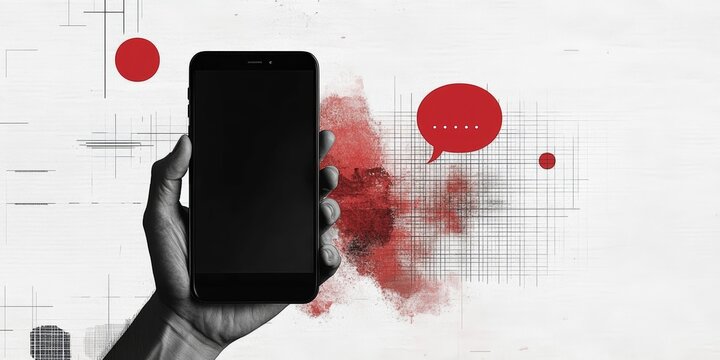 Smartphone with Red Speech Bubble Hand Holding Communication Messages Technology Collage - Powered by Adobe