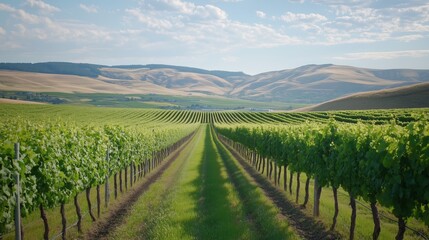 Obraz premium A row of grape vines with a clear blue sky in the background. The vines are green and are spread out across the field