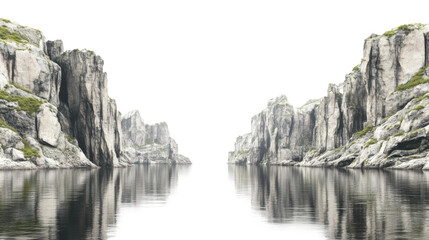 Calm waters reflect steep cliffs in a serene fjord landscape