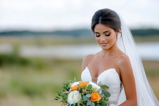 A bride holding a bouquet, her veil softly flowing in the wind, with a serene natural background