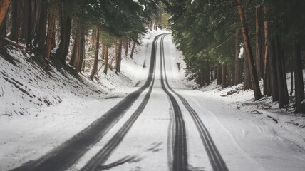 Fototapeta premium Snow covered forest road with tire tracks in winter.