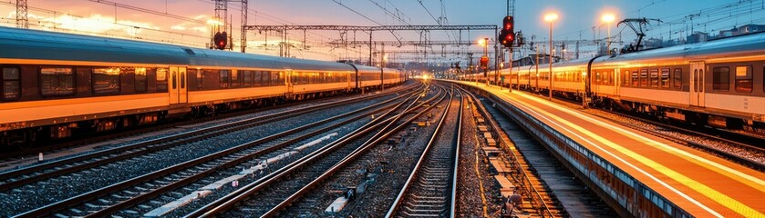Obraz premium A panoramic view of illuminated train tracks at sunset, showcasing moving trains and vibrant lights in an urban setting.