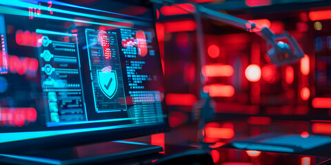 Secure System Monitoring in High-Tech Environment, Cybersecurity Control Panel with Glowing Interface

