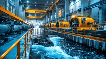 Naklejka premium Dynamic Hydroelectric Power Plant with Turbines and Thrilling Water Flow for Sustainable Energy