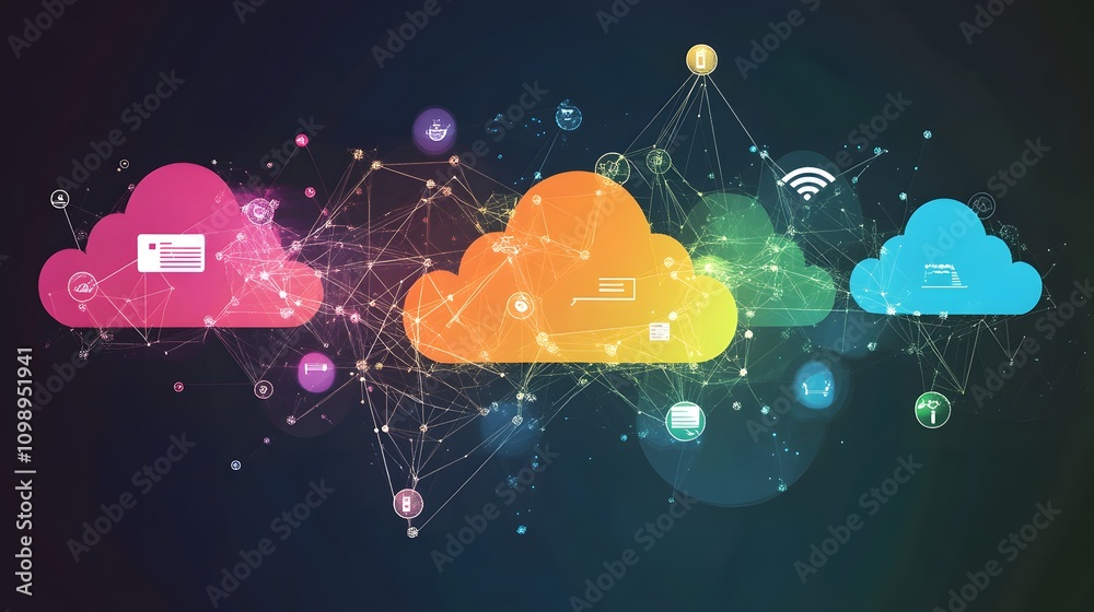 Poster multi-cloud: a complex web of interconnected clouds representing multiple service providers, each wi