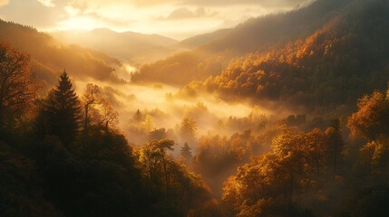 Fototapeta premium Golden sunrise illuminates misty valley surrounded by majestic mountains