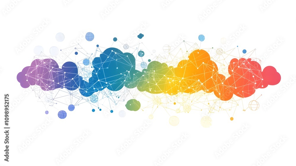 Poster multi-cloud: a complex web of interconnected clouds representing multiple service providers, each wi